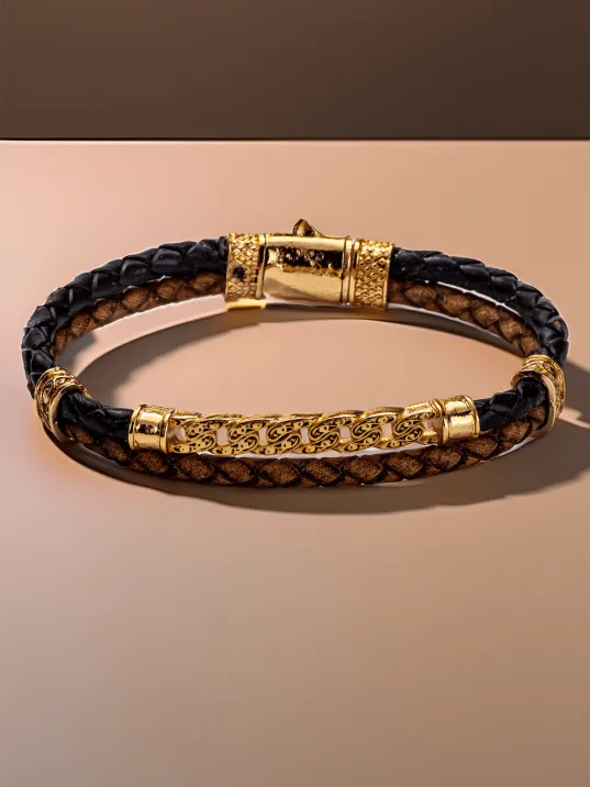 Altın Zincir Motifli Kahverengi Siyah Deri Erkek Bileklik Altın Zincir Motifli Kahverengi Siyah Deri Erkek Bileklik