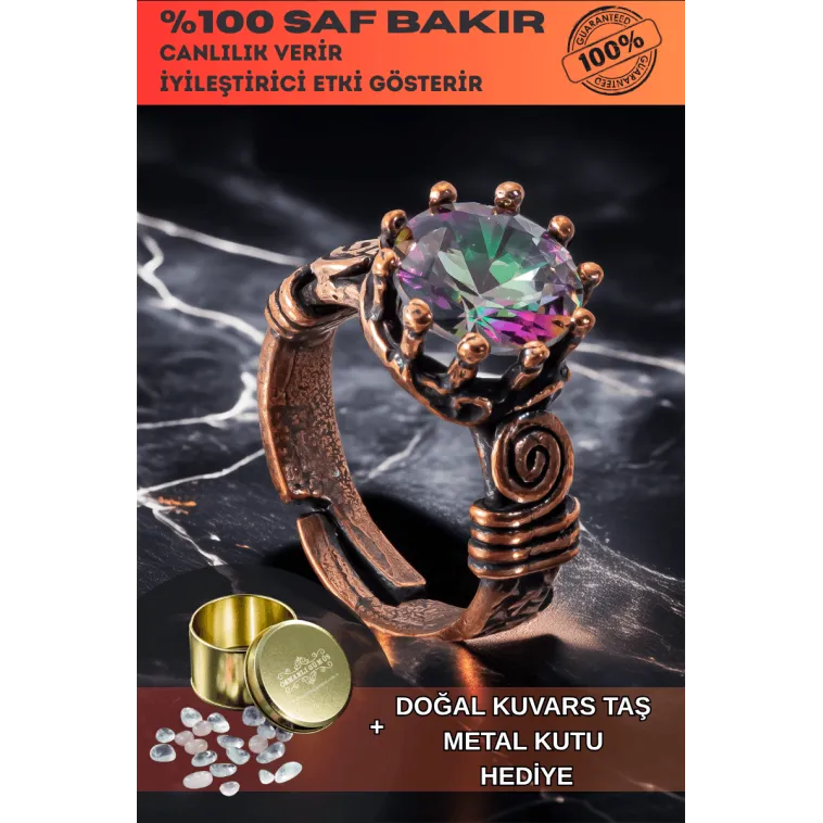 Kadın Bakır Yüzük - Mistik Topaz Ağaç Kabuğu Model İnce Metal Kutu Kuvars Taşlı Yüzük