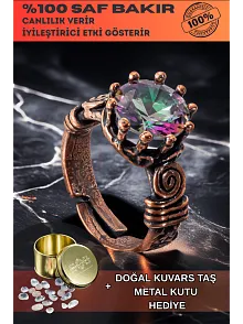 Kadın Bakır Yüzük - Mistik Topaz Ağaç Kabuğu Model İnce Metal Kutu Kuvars Taşlı Yüzük