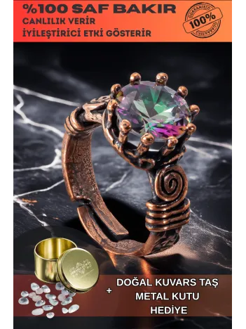 Kadın Bakır Yüzük - Mistik Topaz Ağaç Kabuğu Model İnce Metal Kutu Kuvars Taşlı Yüzük