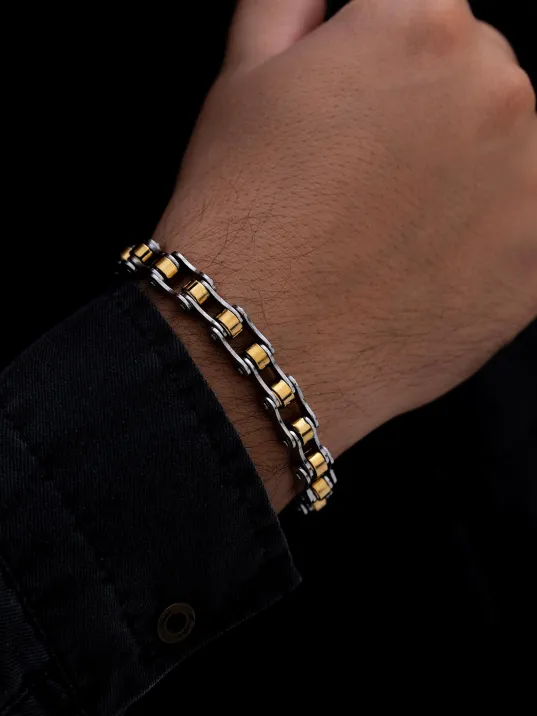 Erkek Çelik Bileklik - Motosiklet Bisiklet Zinciri Sarı Beyaz Model Erkek Çelik Bileklik Ince Model