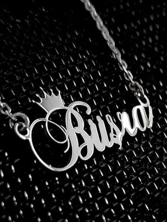 Kral Taç Imza Gümüş Renk Büşra Yazılı Bayan Gümüş Kolye Zincir Gklgmsısımt