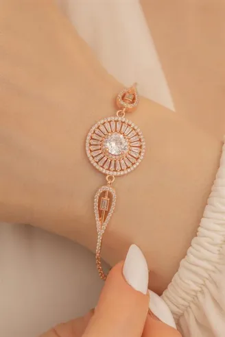 Kadın Bileklik- Gümüş Rose Renk Baget taşlı Kadın Bileklik