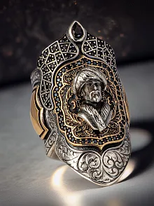 Erkek Mevlana Kabartmalı Siyah Zirkon Taşlı Erkek Gümüş Yüzük Zihgir Model