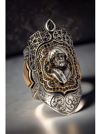 Erkek Mevlana Kabartmalı Siyah Zirkon Taşlı Erkek Gümüş Yüzük Zihgir Model