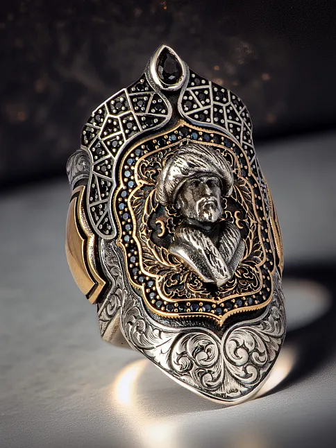 Erkek Mevlana Kabartmalı Siyah Zirkon Taşlı Erkek Gümüş Yüzük Zihgir Model