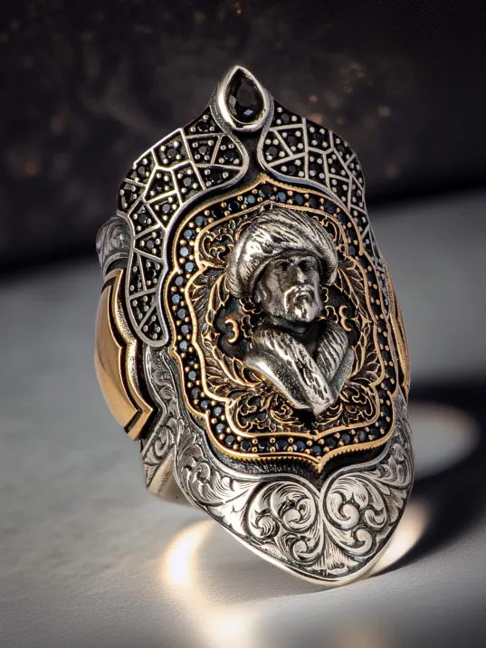 Erkek Mevlana Kabartmalı Siyah Zirkon Taşlı Erkek Gümüş Yüzük Zihgir Model