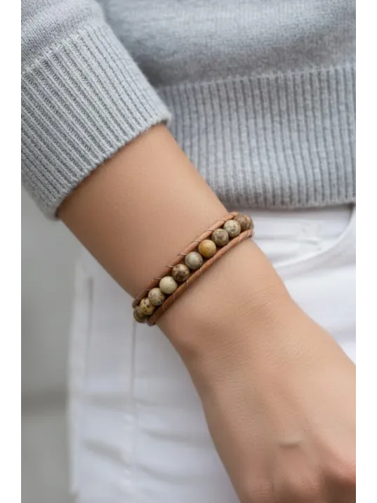 Jasper Doğaltaşlı Kadın Deri Ve Çelik Bileklik