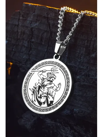 Steel Aether Çelik Erkek Kolye Yunan Tanrısı İşlemeli Yuvarlak Plaka Paslanmaz Kararmaz