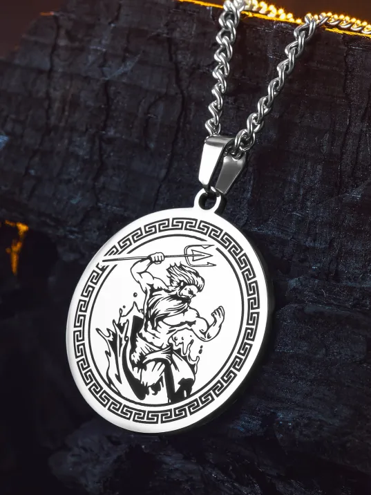 Steel Aether Çelik Erkek Kolye Yunan Tanrısı İşlemeli Yuvarlak Plaka Paslanmaz Kararmaz