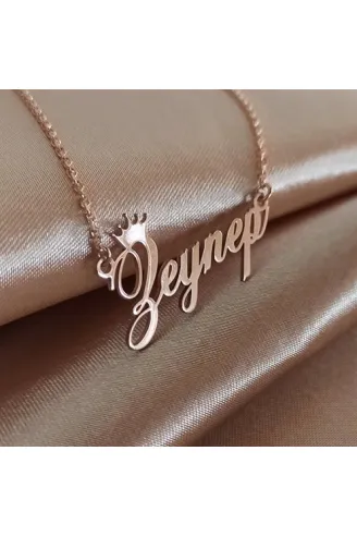 Kral Taç Yazılı Imza Rose Renk Bayan Gümüş Kolye Zincir Gklrosısımt
