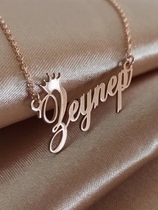 Kral Taç Yazılı Imza Rose Renk Bayan Gümüş Kolye Zincir Gklrosısımt