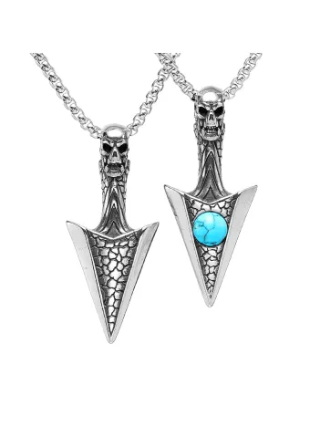 Erkek Çelik Kolye - Kuru Kafa Ok Mızrak Ucu Model  Turkuaz Taşlı Erkek Çelik Kolye