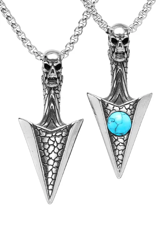 Erkek Çelik Kolye - Kuru Kafa Ok Mızrak Ucu Model  Turkuaz Taşlı Erkek Çelik Kolye