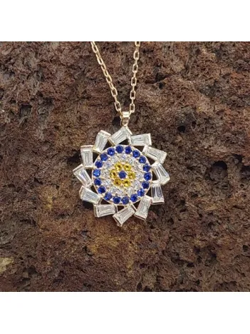 Baget Taşlı Nazarlıklı Bayan Gümüş Kolye