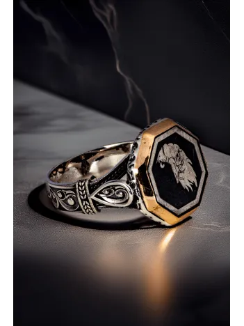 Erkek Oval İnce Kibar Model Kartal Kafası İşlemeli 925 Ayar Gümüş Yüzük