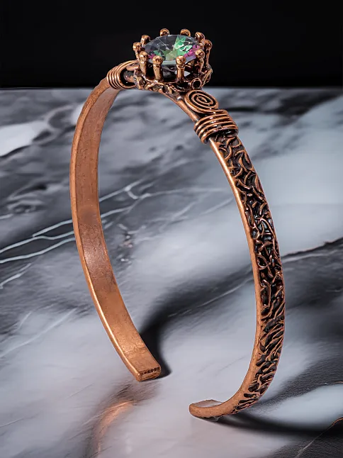 Kadın Bakır Bileklik Yüzük Set - Mistik Topaz Ağaç Kabuğu Model İnce Metal Kutu Kuvars Taşlı Set