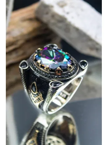 Mistik Topaz Taşlı Yanı Zirkon Taşlı İşlemeli Erkek Gümüş Yüzük GYZYZKEND02-KRS