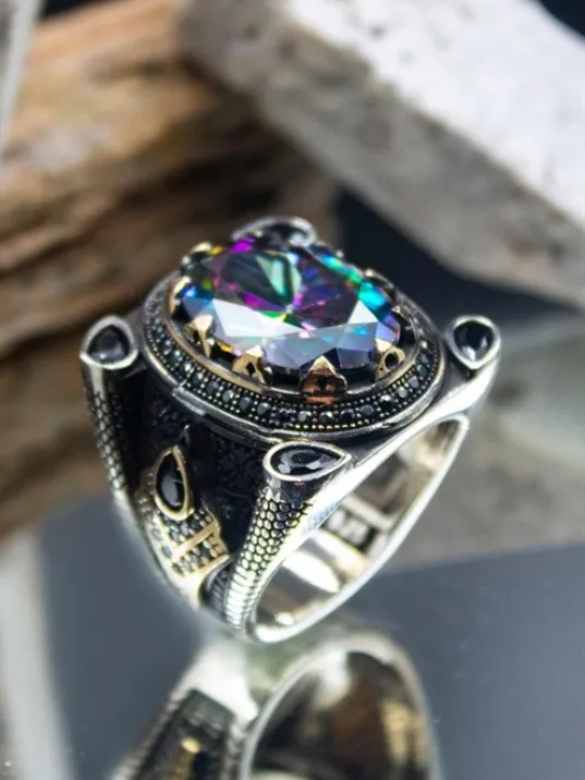 Mistik Topaz Taşlı Yanı Zirkon Taşlı İşlemeli Erkek Gümüş Yüzük GYZYZKEND02-KRS