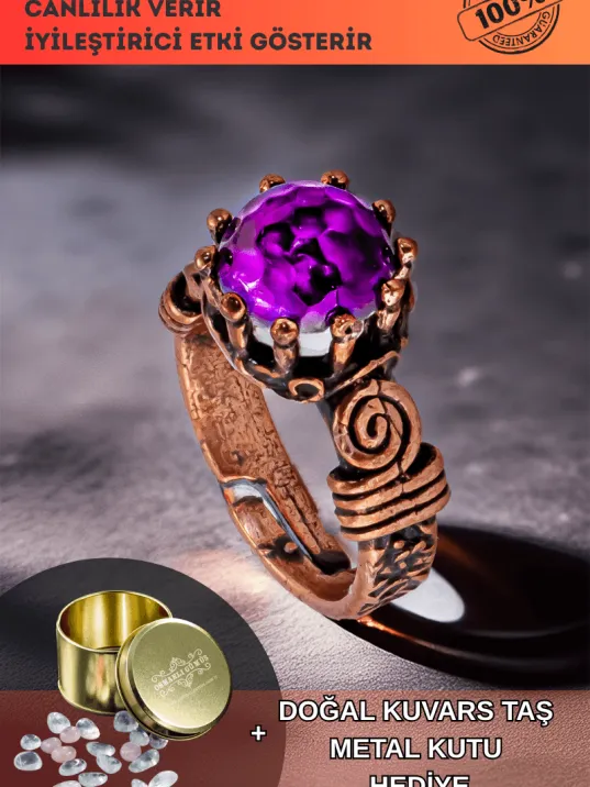 Kadın Bakır Yüzük - Ametist Taşlı Ağaç Kabuğu Model İnce Metal Kutu Kuvars Taşlı Yüzük