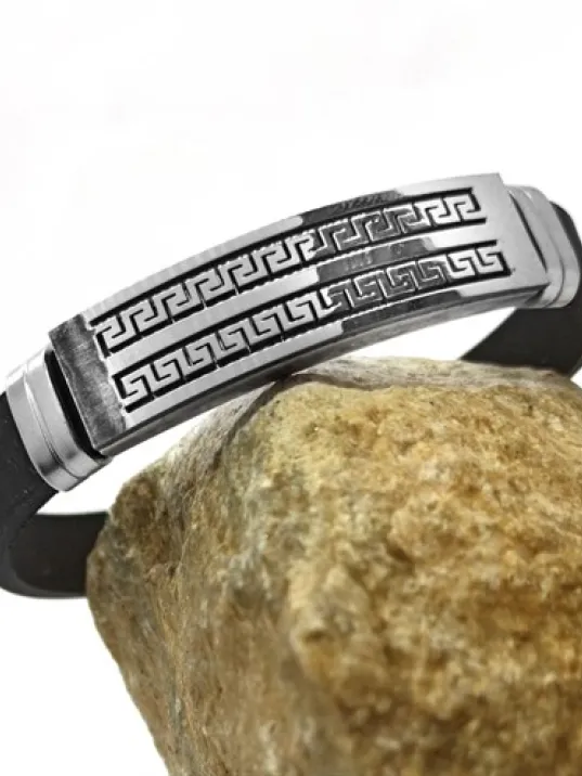 Çift Sıra Grek Desen Kauçuk Çelik Erkek Bileklik DBLCIFTGREK-SYH