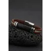 Erkek Çelik Bileklik - Kahverengi Deri Model Siyah Spiral Desenli Erkek Bileklik