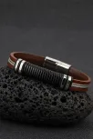 Erkek Çelik Bileklik - Kahverengi Deri Model Siyah Spiral Desenli Erkek Bileklik