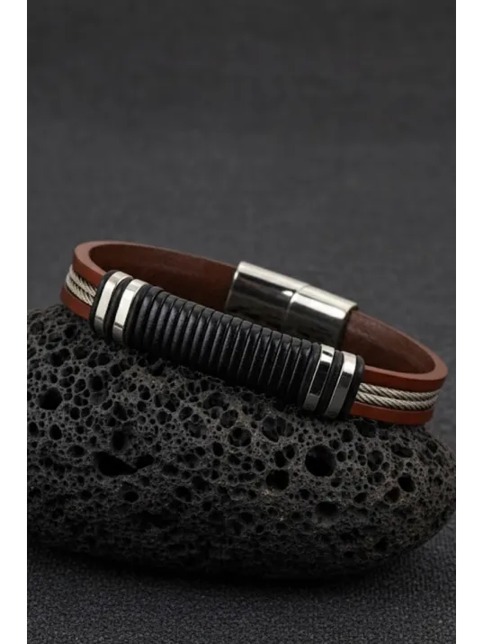 Erkek Çelik Bileklik - Kahverengi Deri Model Siyah Spiral Desenli Erkek Bileklik