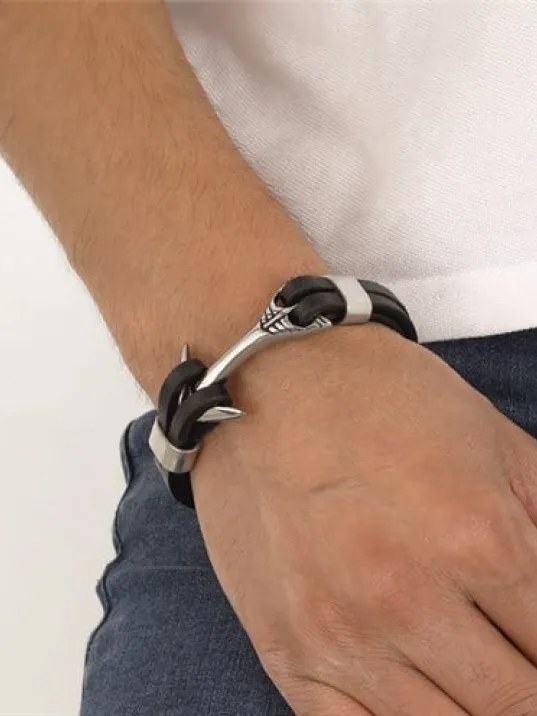 Erkek Çelik Bileklik - Erkek Deri Bileklik -  Çapa Figürlü Şık Erkek Bileklik