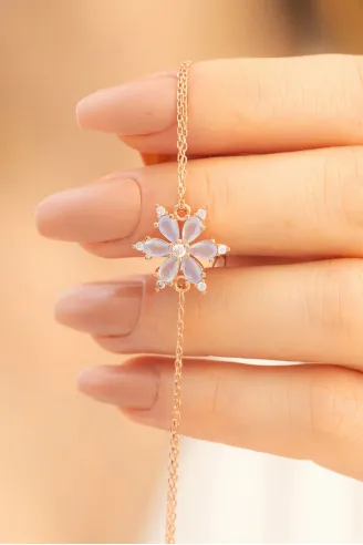 Beyaz Taşlı Çiçek Model Rose Kadın Gümüş Bileklik