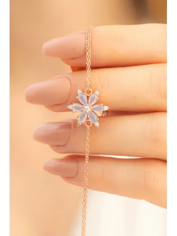 Beyaz Taşlı Çiçek Model Rose Kadın Gümüş Bileklik