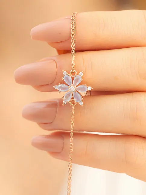 Beyaz Taşlı Çiçek Model Rose Kadın Gümüş Bileklik