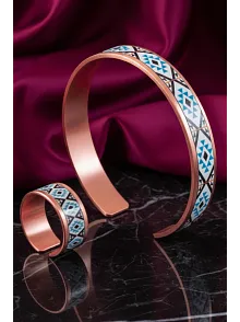 Kadın Bakır Bileklik Yüzük Set - Eyes Model Özel Baskı Metal Kutu Ve Kuvars Taşı