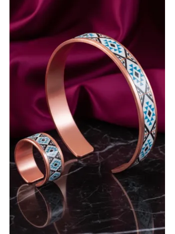 Kadın Bakır Bileklik Yüzük Set - Eyes Model Özel Baskı Metal Kutu Ve Kuvars Taşı