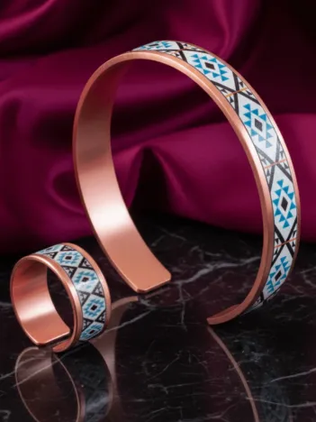 Kadın Bakır Bileklik Yüzük Set - Eyes Model Özel Baskı Metal Kutu Ve Kuvars Taşı