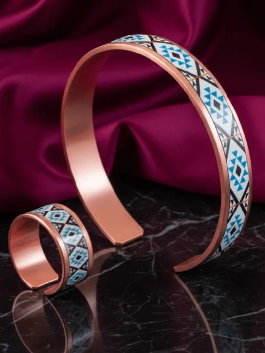 Kadın Bakır Bileklik Yüzük Set - Eyes Model Özel Baskı Metal Kutu Ve Kuvars Taşı