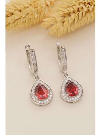 Kadın Gümüş Küpe - Damla Model Yakut Taşlı Zirkon Süslemeli Rodyumlu Kadın Küpe