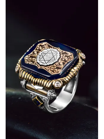 Erkek Gümüş Yüzük - Süleyman Mührü İşlemeli Zirkon Taşı Erkek Yüzük Erkek Gümüş Yüzük - Süleyman Mührü İşlemeli Zirkon Taşı Erkek Yüzük