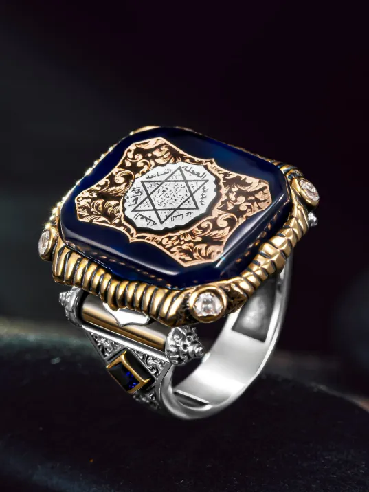 Erkek Gümüş Yüzük - Süleyman Mührü İşlemeli Zirkon Taşı Erkek Yüzük