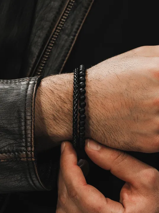 Erkek Doğal Taş ve Deri Kombin Bileklik - Oniks Doğal Taş ve Örgü Deri Erkek Bileklik