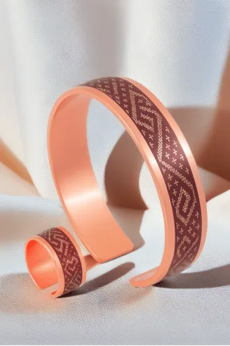 Kadın Bakır Bileklik Yüzük Set - Stella Model Özel Baskı Metal Kutu Ve Kuvars Taşı