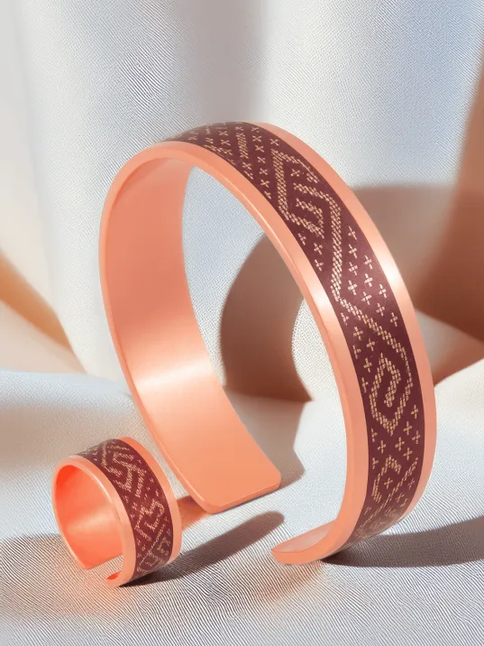 Kadın Bakır Bileklik Yüzük Set - Stella Model Özel Baskı Metal Kutu Ve Kuvars Taşı