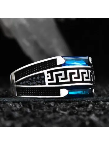 Mavi Zirkon Taşlı Grek Desen İşlemeli Model Özel Seri Erkek Gümüş Yüzük