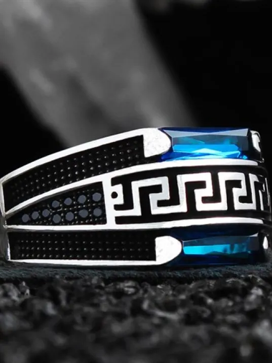 Mavi Zirkon Taşlı Grek Desen İşlemeli Model Özel Seri Erkek Gümüş Yüzük