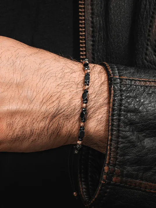 Kadın Erkek Gümüş Bileklik - Hematit Taşlı Gümüş Detaylı İnce Kibar Erkek Kadın Bileklik