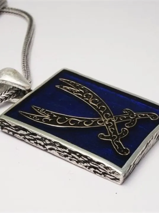 Mavi Mineli Çift Zülfikar Erkek Gümüş Kolye Zincir Orta Boy