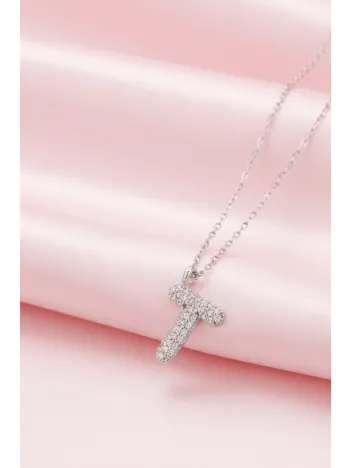 Kadın Gümüş Kolye - 925 Ayar Zirkon Taşlı Balon T Harfi Bayan Kolye