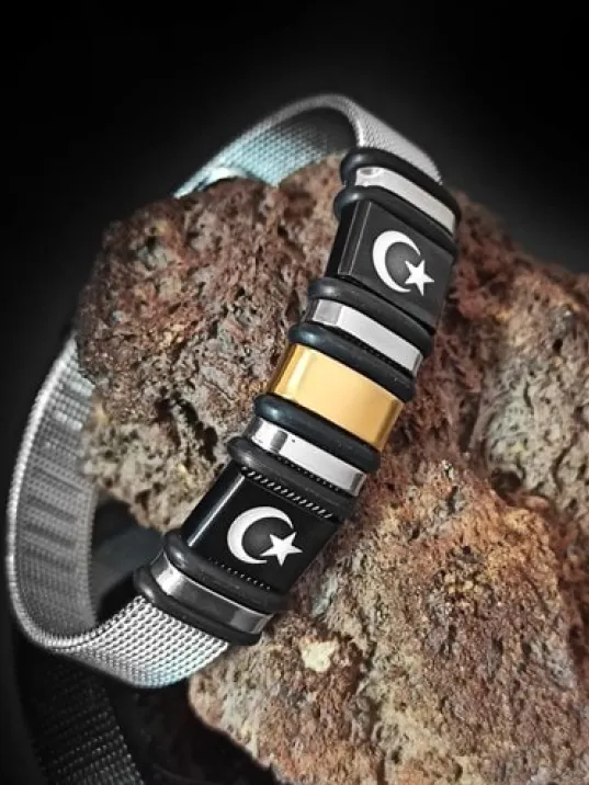 Siyah Çift Ay Yıldız Logo Kemer Modeli Erkek Çelik Bileklik CBLCIFTAYIZ-BYZ