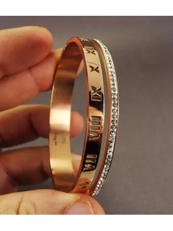 OttoMan Zirkon Taşlı Bayan Çelik Bileklik Kelepçe Modeli Roma Rakamlı