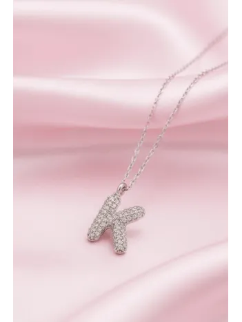 Kadın Gümüş Kolye - 925 Ayar Zirkon Taşlı Balon K Harfi Bayan Kolye